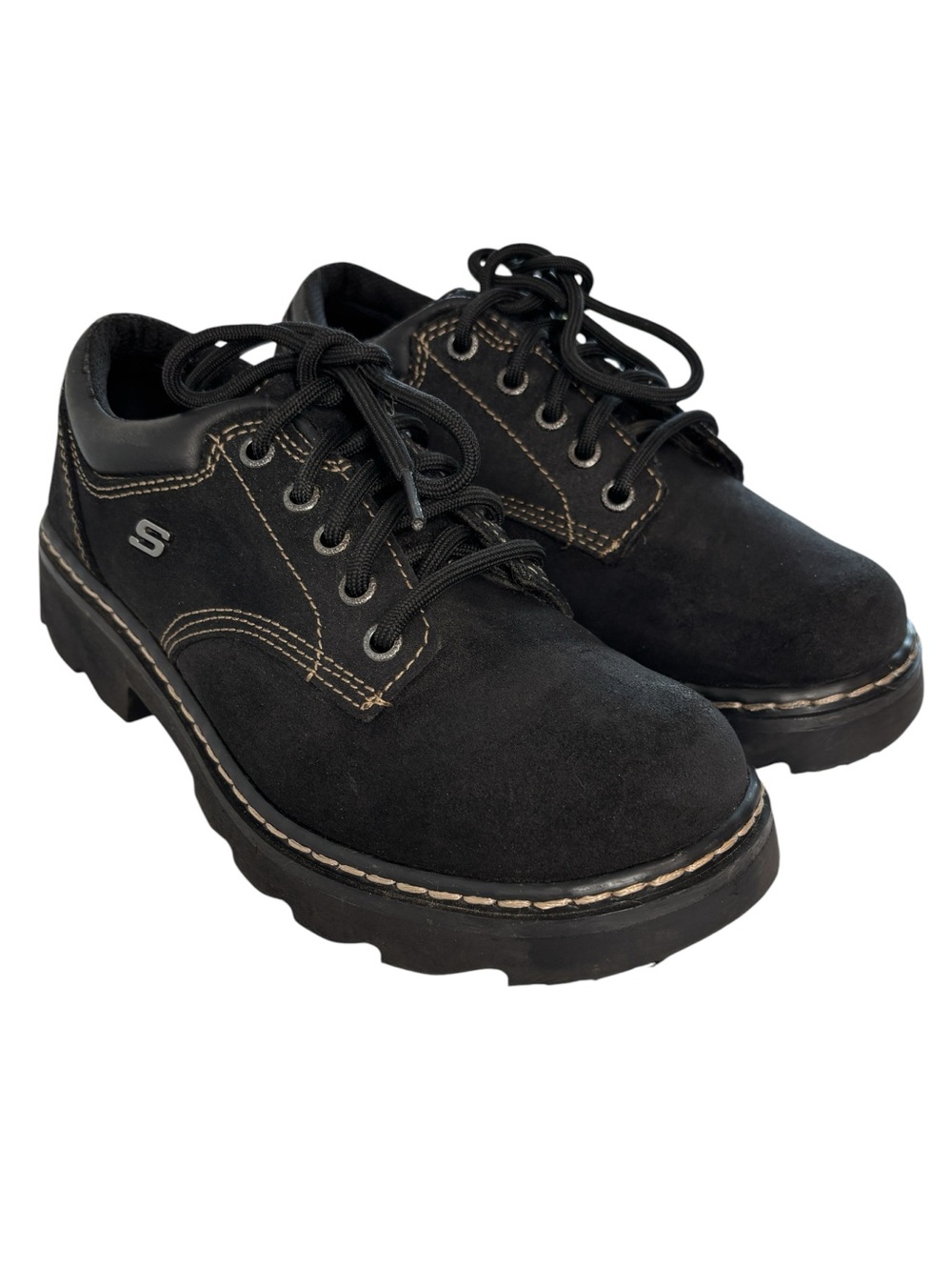 Skechers Parties Mate Oxford Womens Shoes Sz 7.5 Black Suede Leather Chunky Y2K